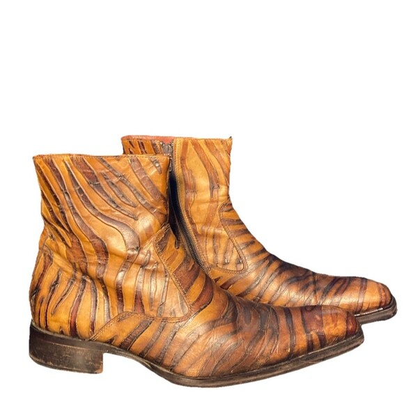 Vintage Mens Boots Western Style Side Zip Zebra Vero Cuoio Italian Leather Sz 40 - Picture 1 of 11